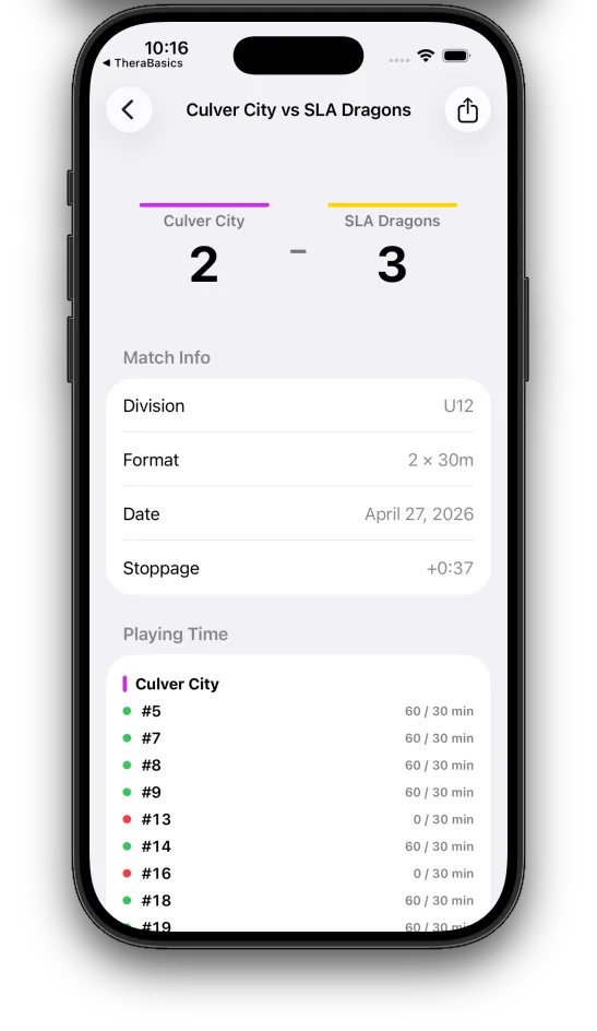 iPhone match detail view with playing time