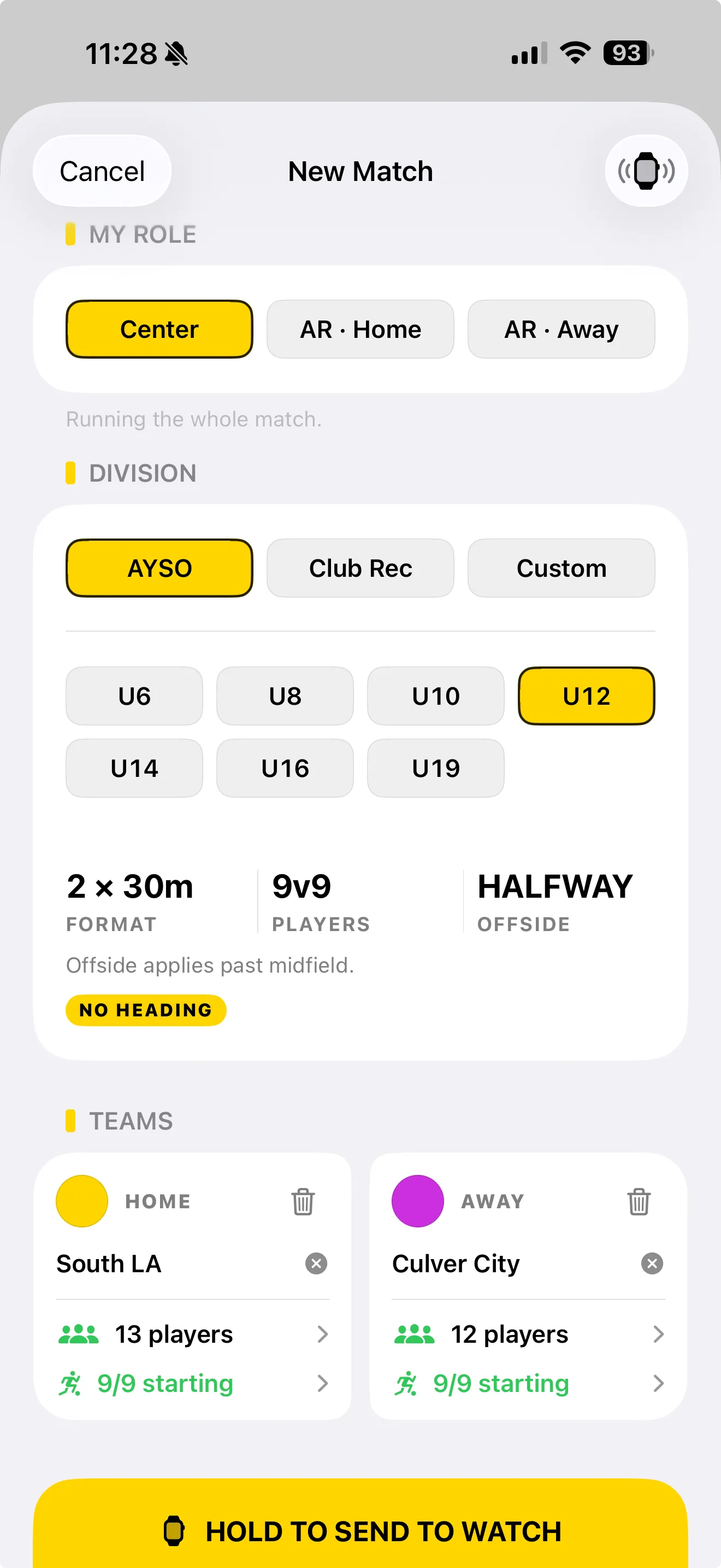iPhone match setup screen with hold-to-send-to-watch button